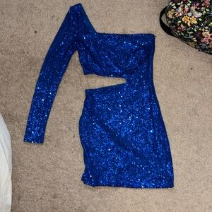 WINDSOR Blue Sparkle Party Sequin One Shoulder Side Cutout Mini Dress